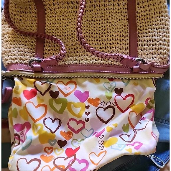 Brighton Woven Straw Raffia Macrame Medium Tan w Pink Shoulder Handbag As Is - Picture 9 of 15